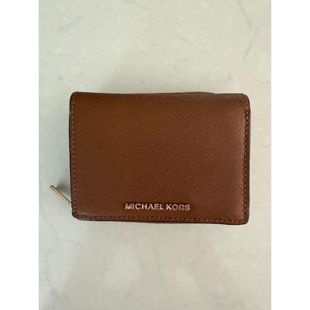 Michael Kors Brown Saffiano Leather Small Bifold Zip Coin Wallet Gold Tone